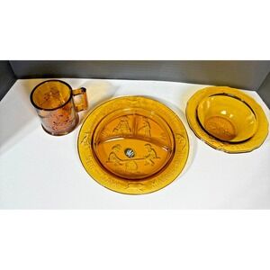 Vintage 1970's Tiara Amber Glass Childs Mother Goose Nusery Rhyme Gift Set